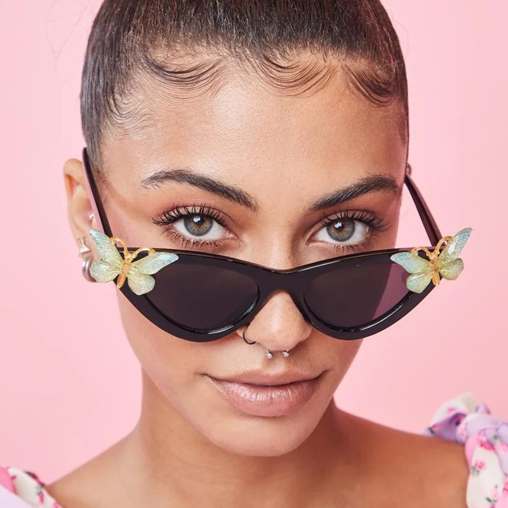 Butterfly Cat Eye Sunglasses Black Retro Festival Y2K Fairy Statement Shades